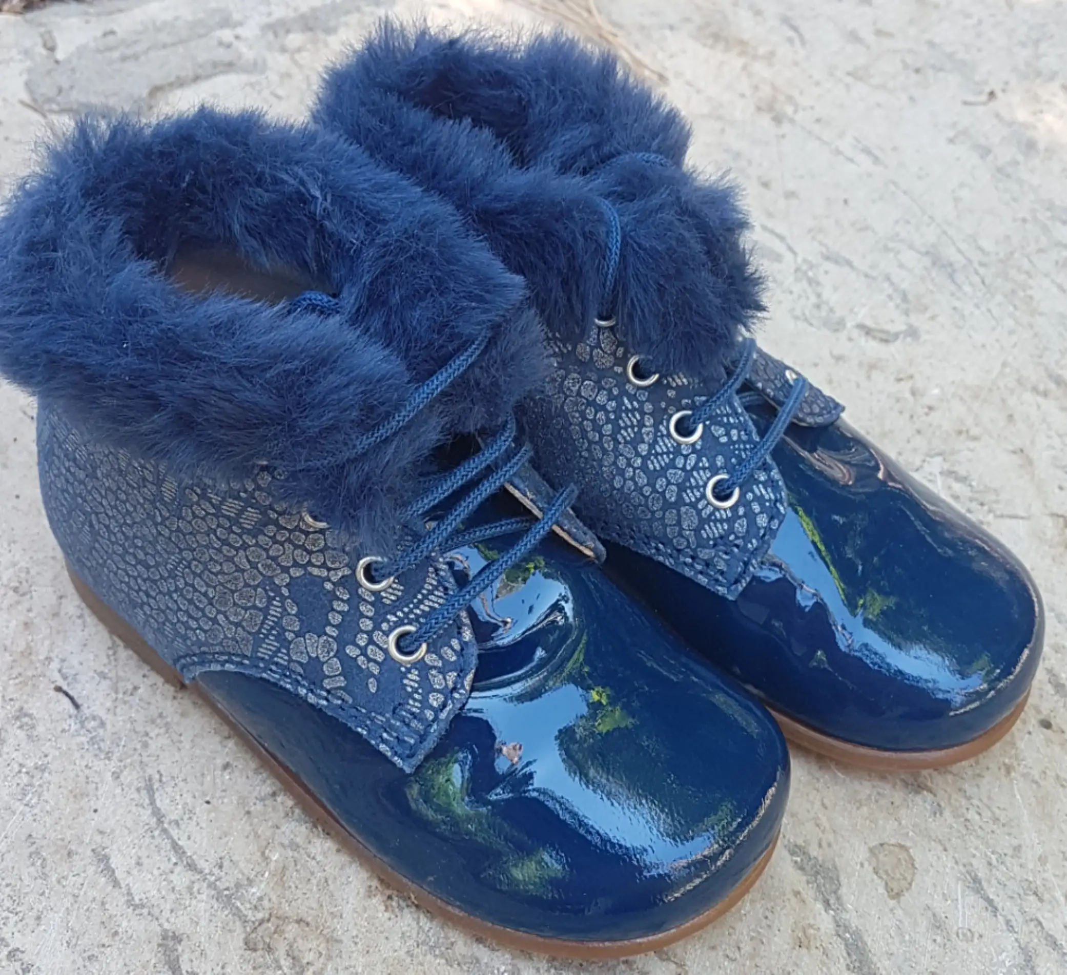 Beberlis Petroleo Blue Patent Fur Baby Bootie