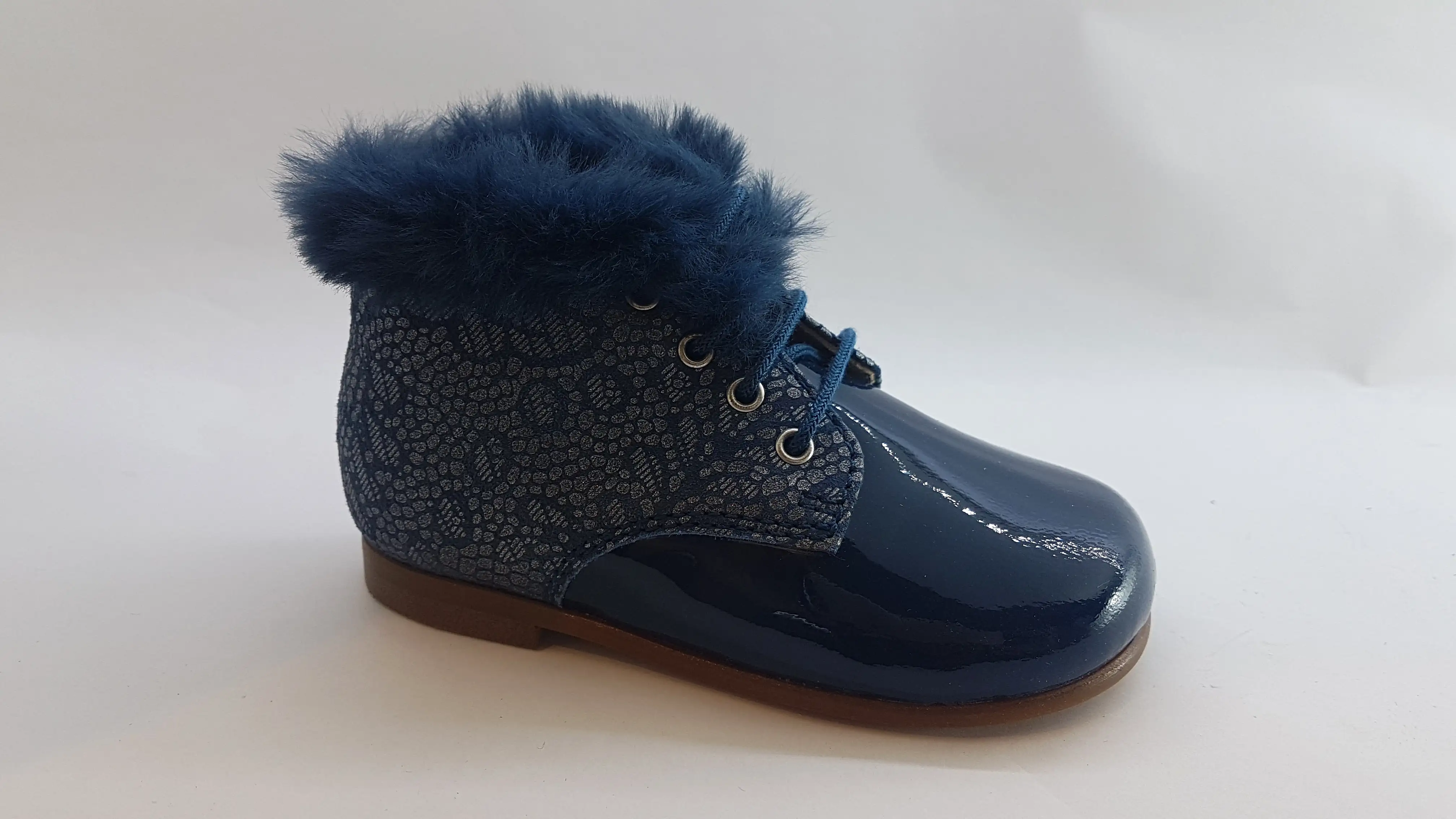 Beberlis Petroleo Blue Patent Fur Baby Bootie