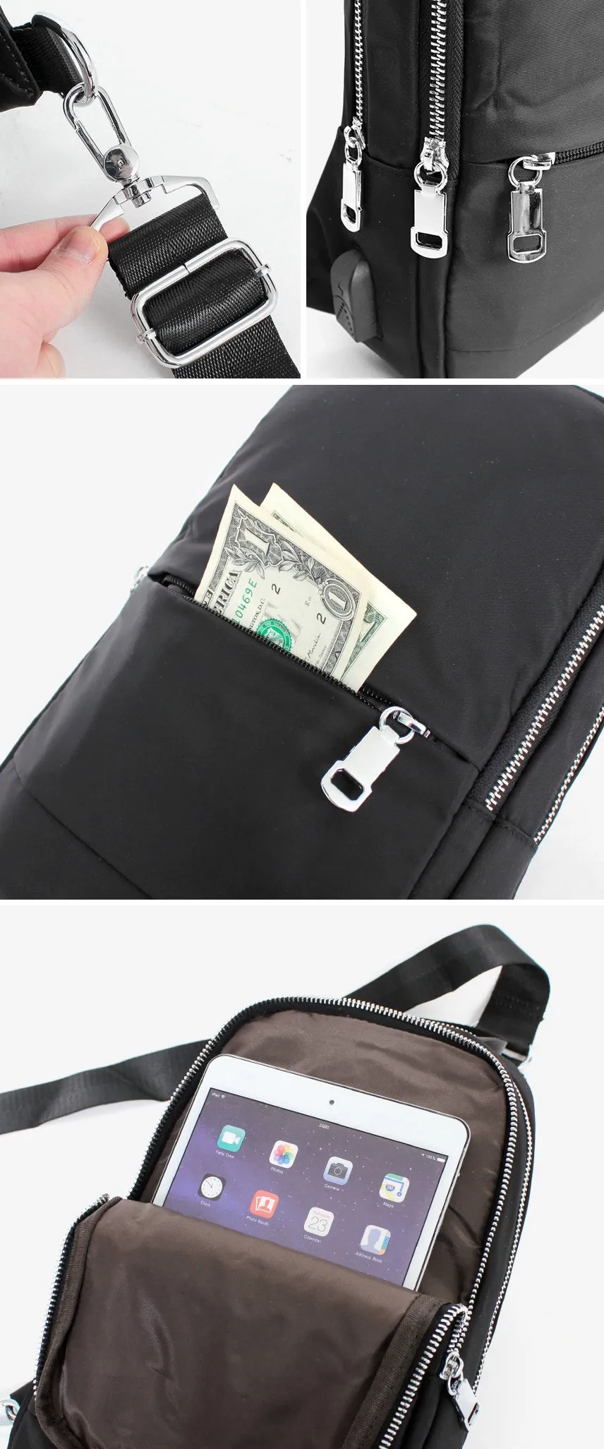 Black Travel Sling Bags Messengers Crossbody Picnic USB Charger Mens Womens Unisex Casual Fit for iPad Waterproof Casual Outdoor