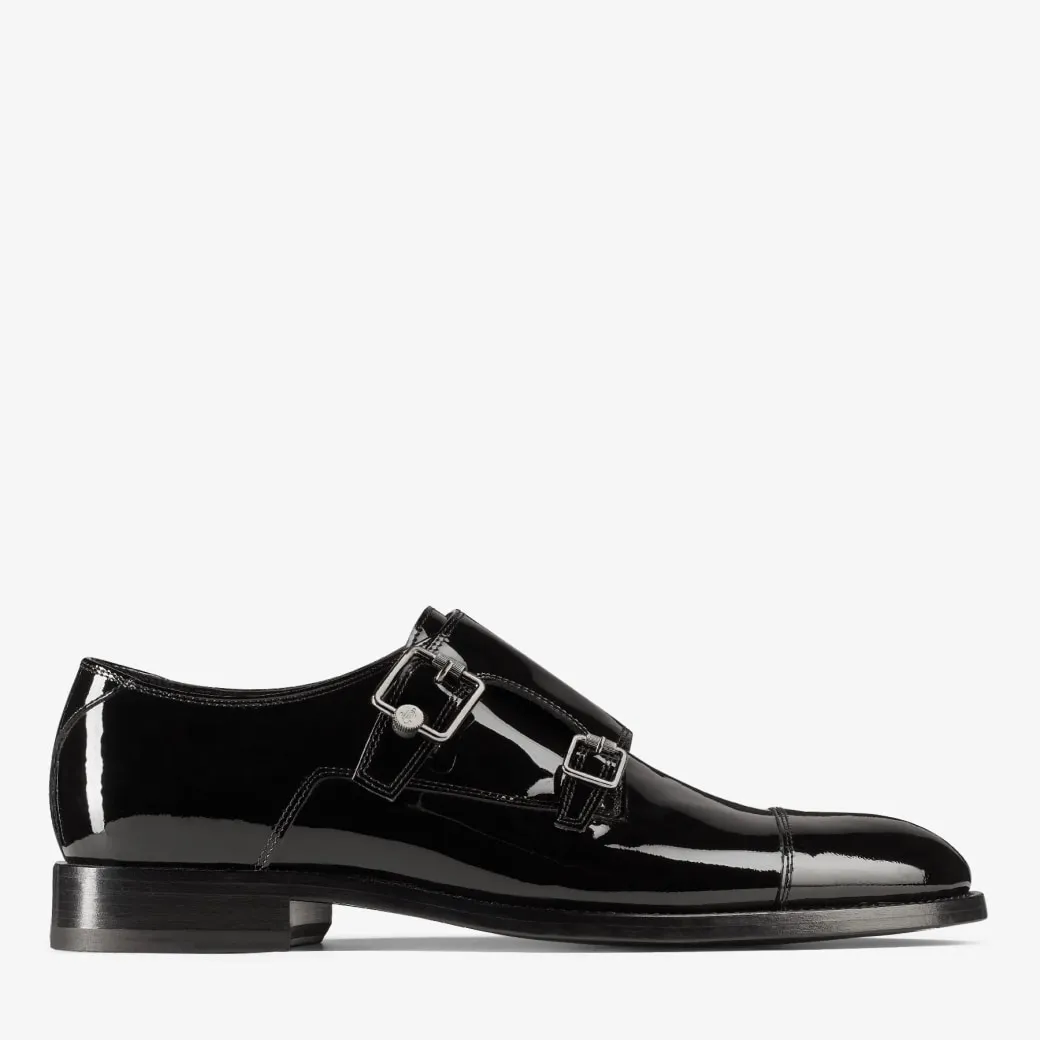 Finnion Monkstrap Black Patent Leather Monk Strap Shoes with Studs