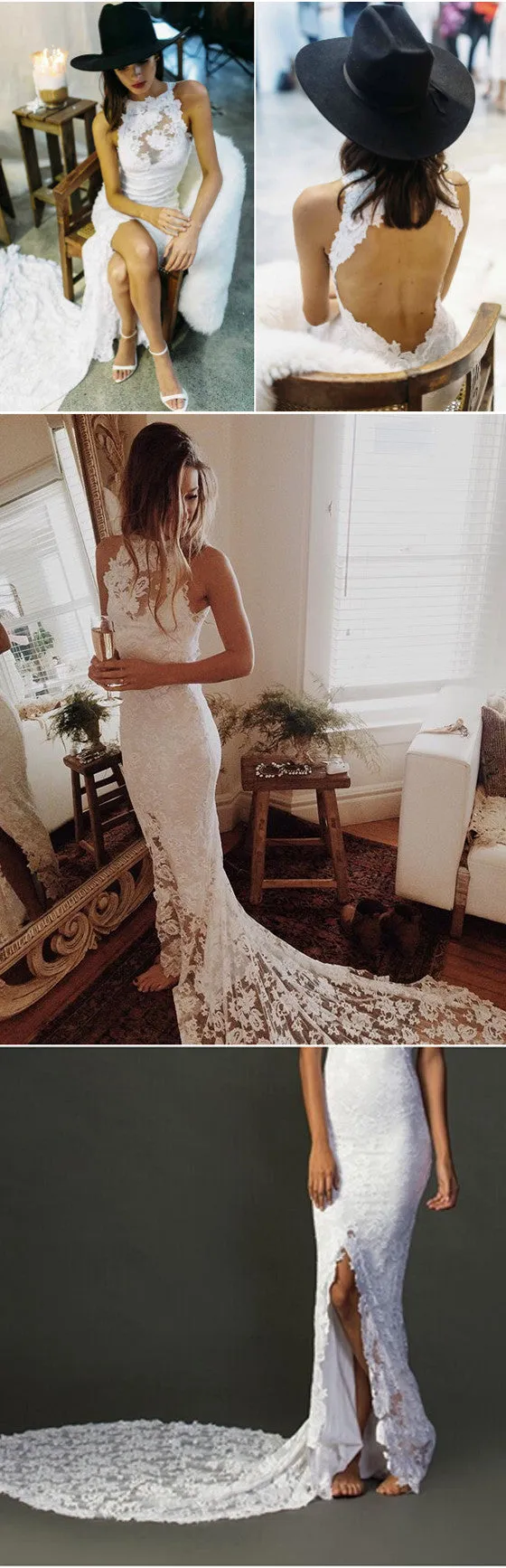 High Neck Mermaid Split Side Lace Summer Wedding Dresses Sleeveless Cheap Bridal Dresses for Beach, WD0024