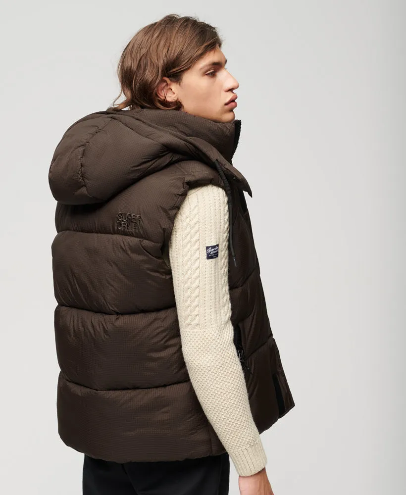 Hooded Ripstop Puffer Gilet | Dark Oak Grid