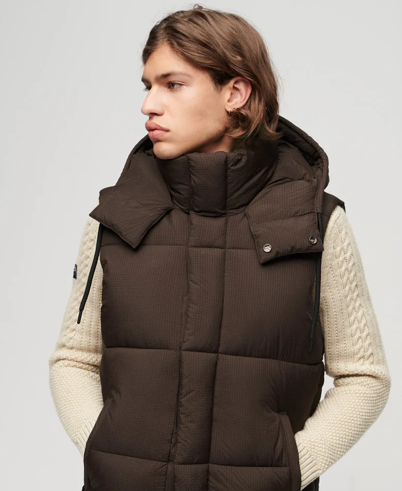 Hooded Ripstop Puffer Gilet | Dark Oak Grid