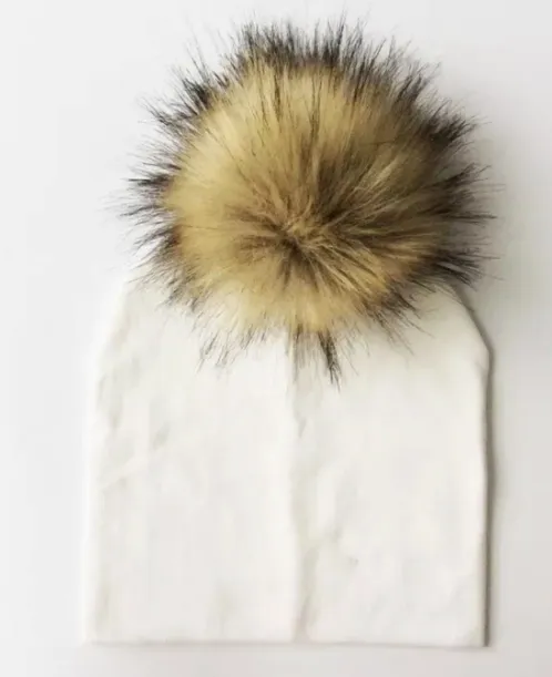 Ivory Beanie w/ Brown Pom Pom