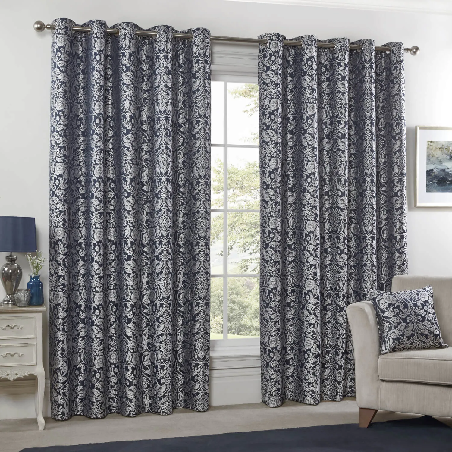 Lined Eyelet Jacquard Curtains - Navy