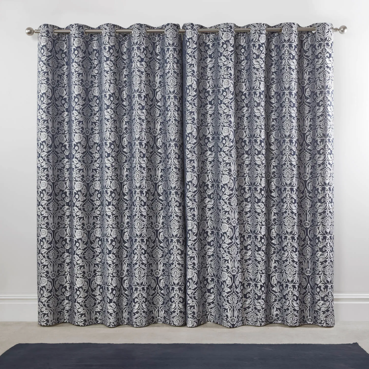 Lined Eyelet Jacquard Curtains - Navy