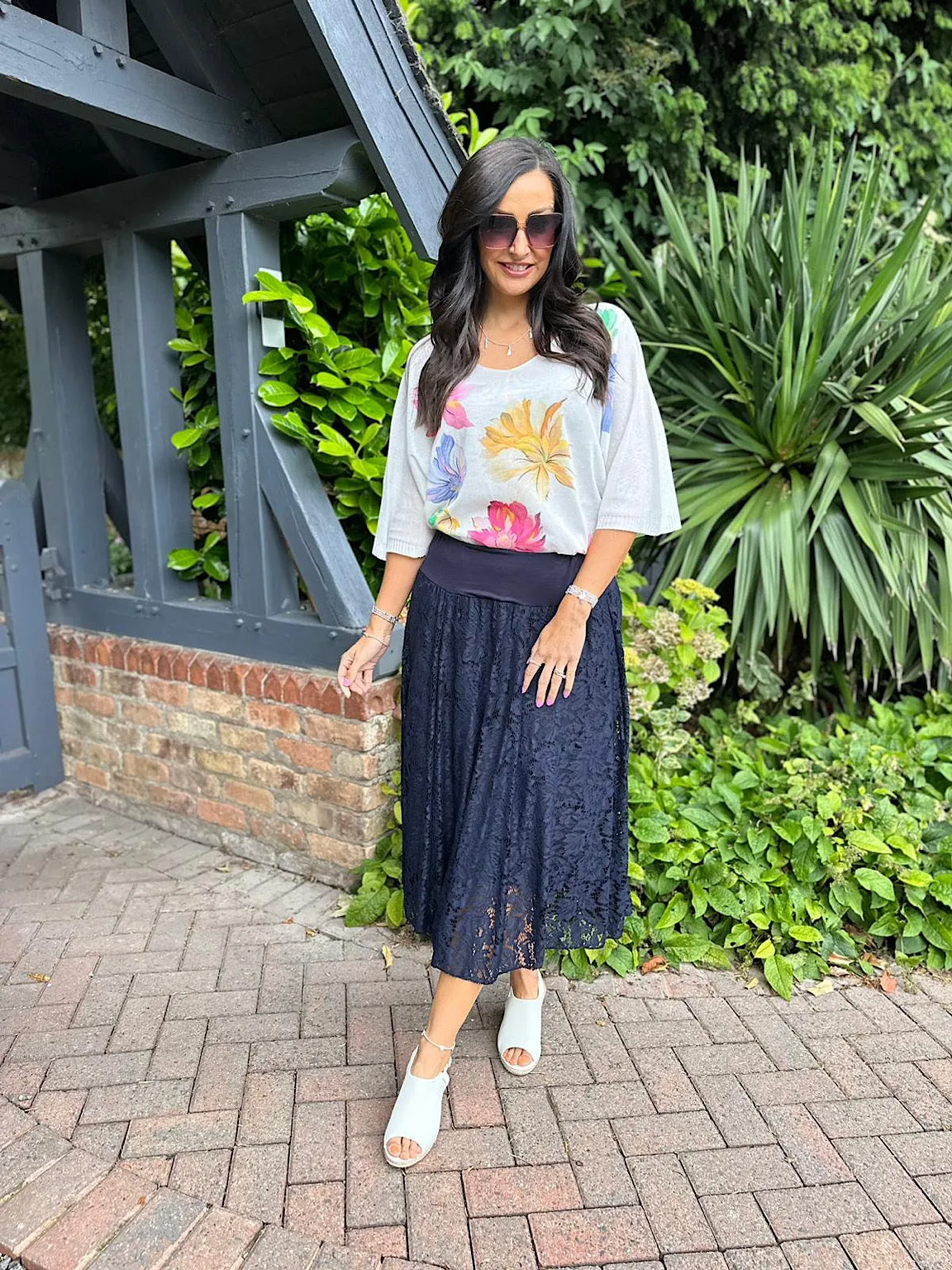 Navy Lined Floral Lace Skirt