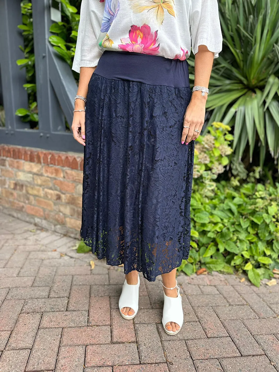 Navy Lined Floral Lace Skirt