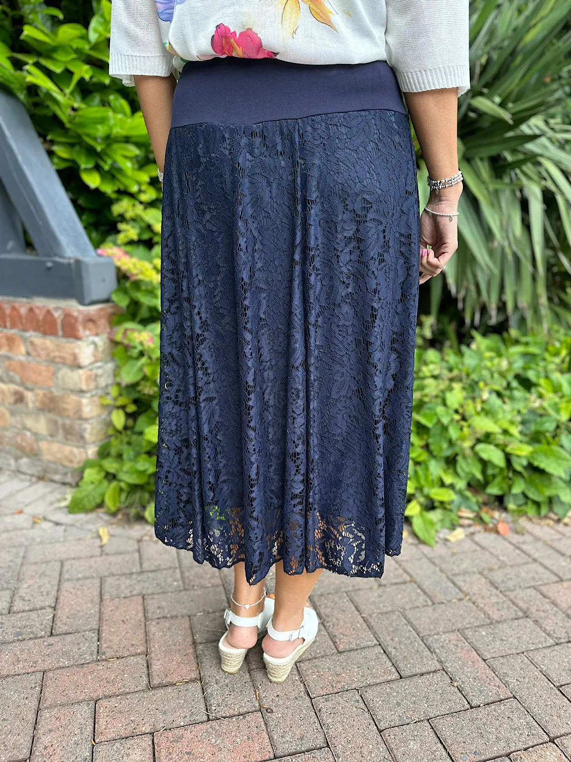 Navy Lined Floral Lace Skirt