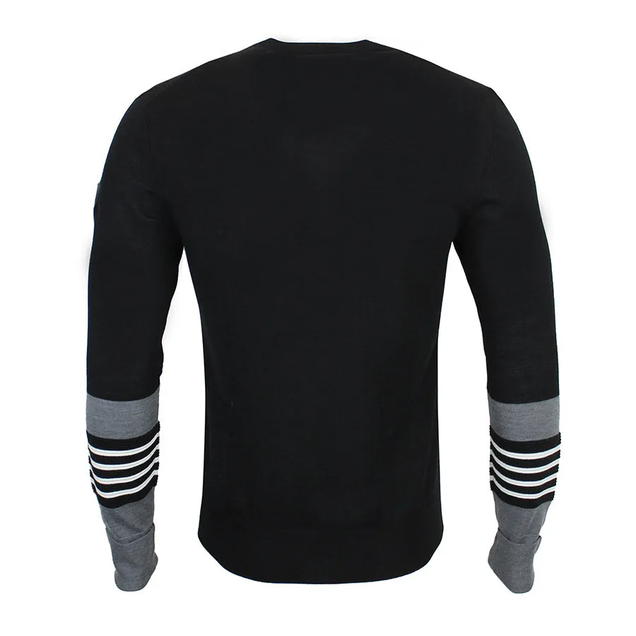 Neil Barrett - Striped Sleeve Crew Neck Jumper in Black / Slate