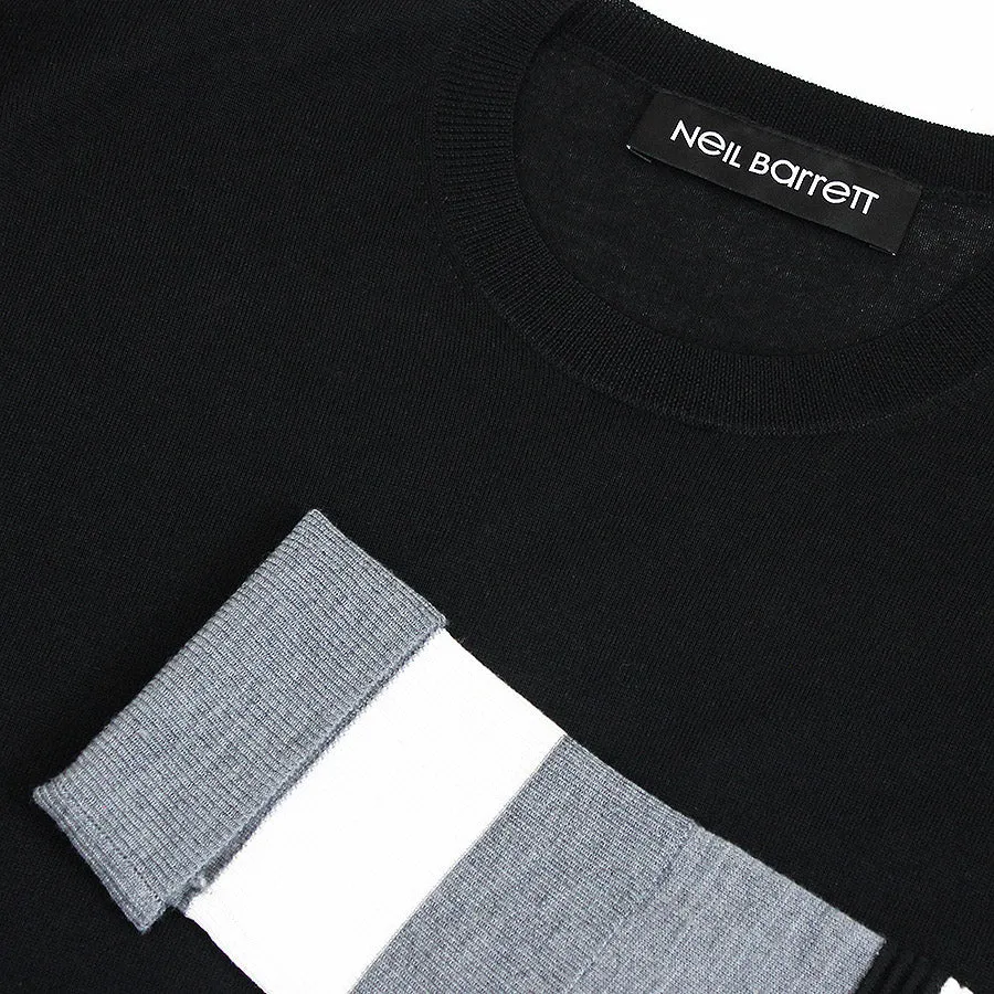 Neil Barrett - Striped Sleeve Crew Neck Jumper in Black / Slate