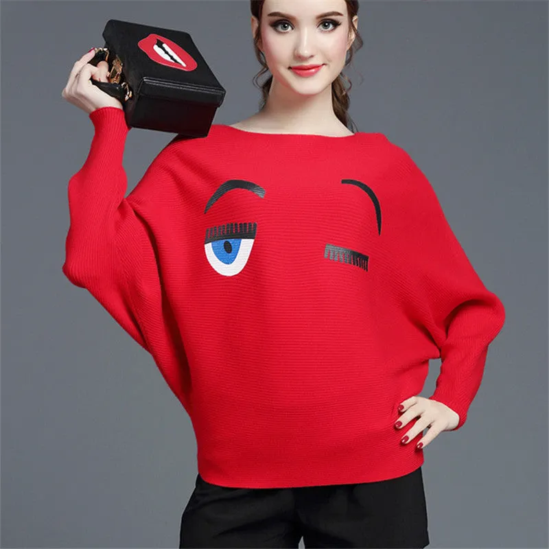 New Winter Female Sweater Plus Size Knitted Full Batwing Sleeve O-neck Pullovers Smile Print Outwear 72058 SM6