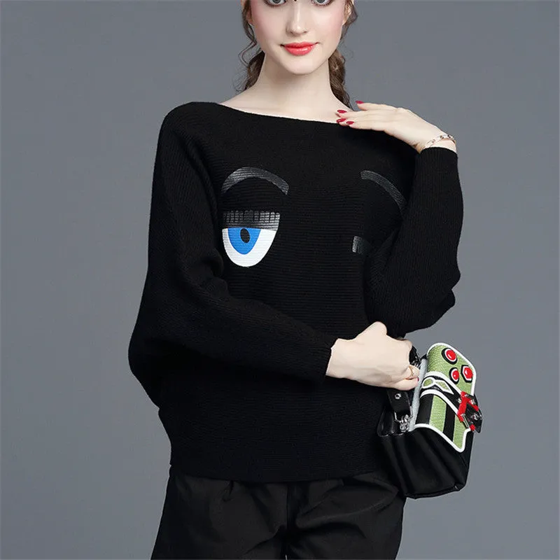 New Winter Female Sweater Plus Size Knitted Full Batwing Sleeve O-neck Pullovers Smile Print Outwear 72058 SM6