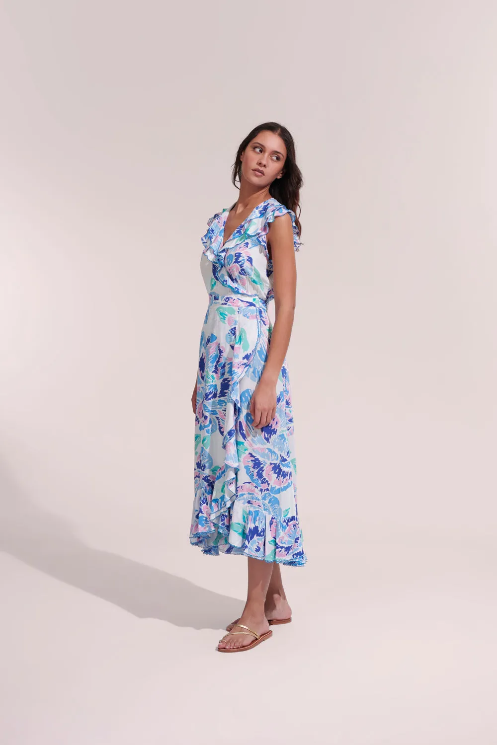 Poupette St. Barth - Midi Dress Aude - Blue Macro Peony