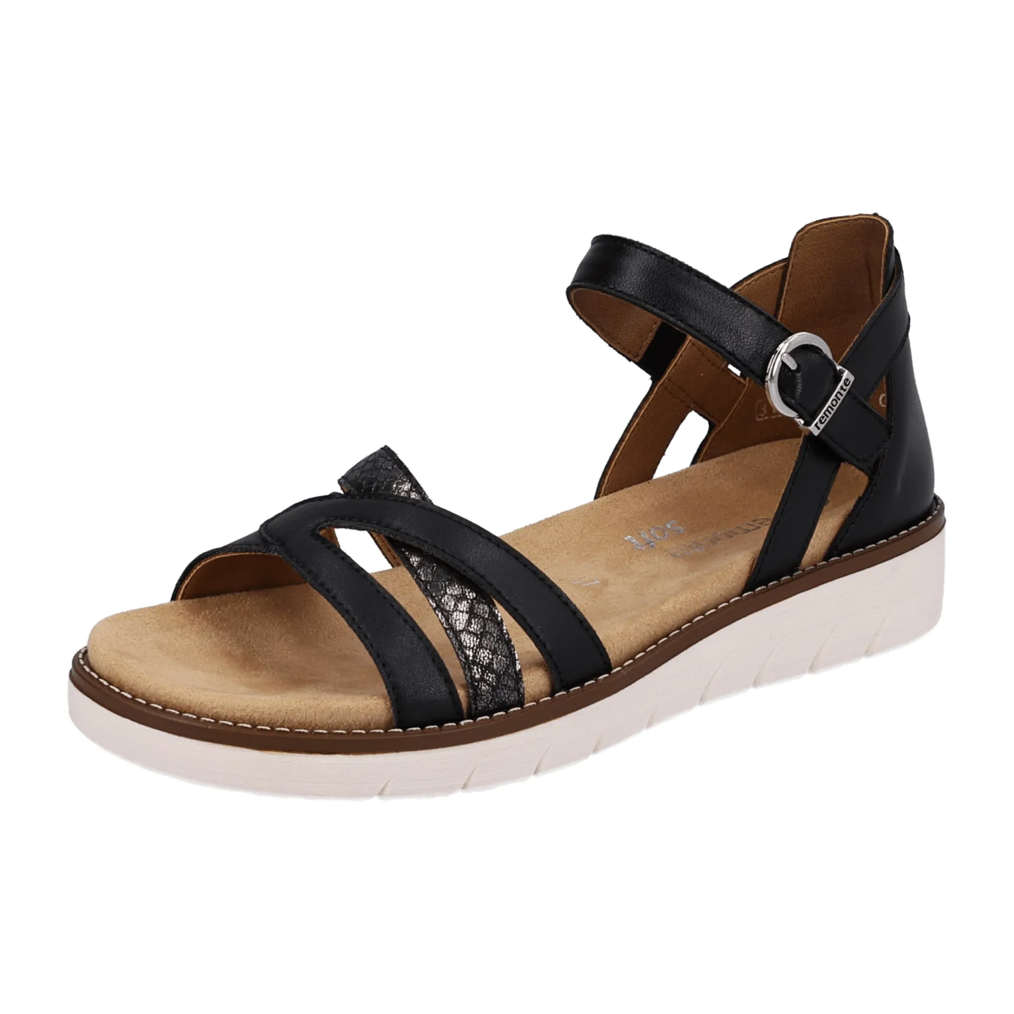 Remonte Women's Black Leather Sandals with Cross Straps and Soft Footbed