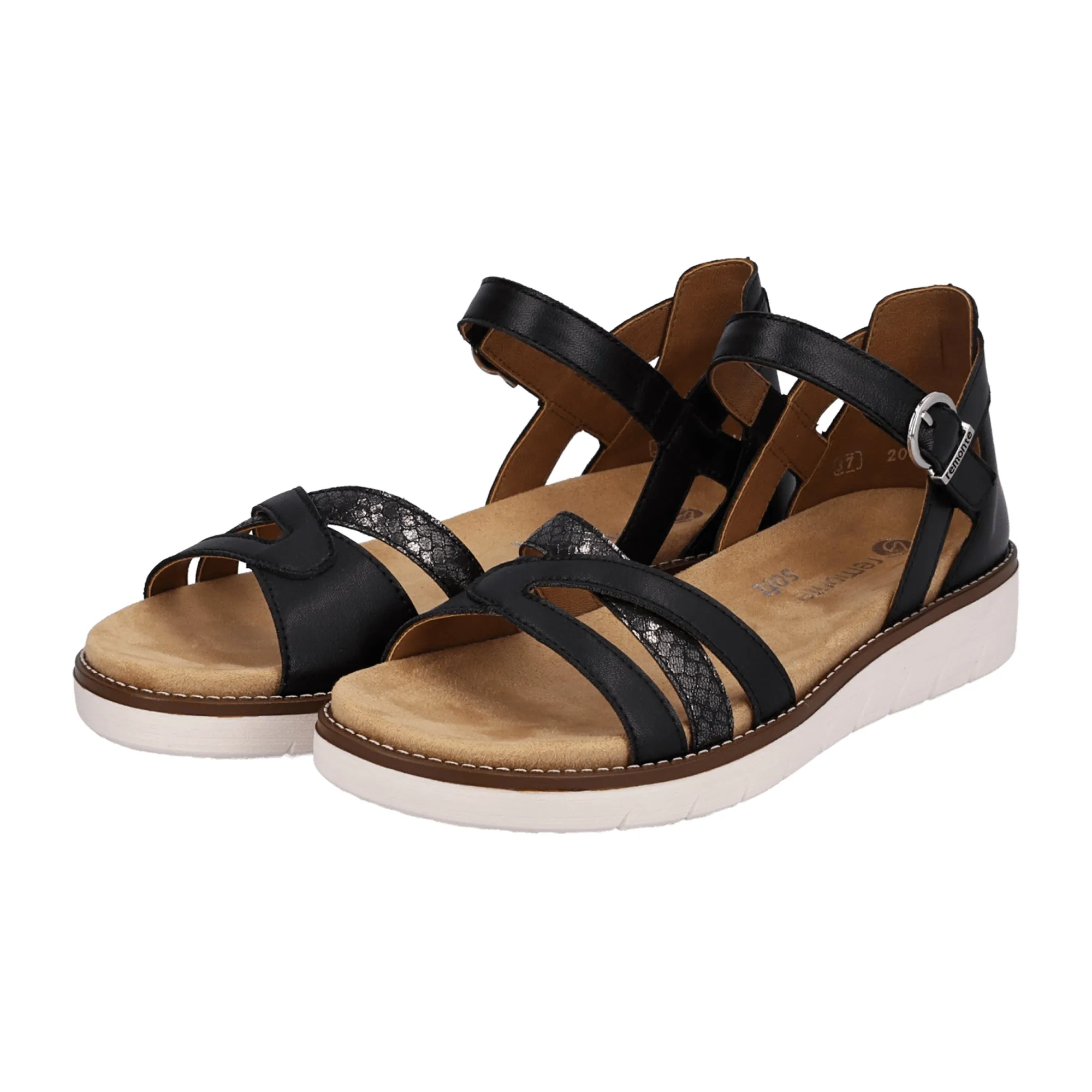 Remonte Women's Black Leather Sandals with Cross Straps and Soft Footbed