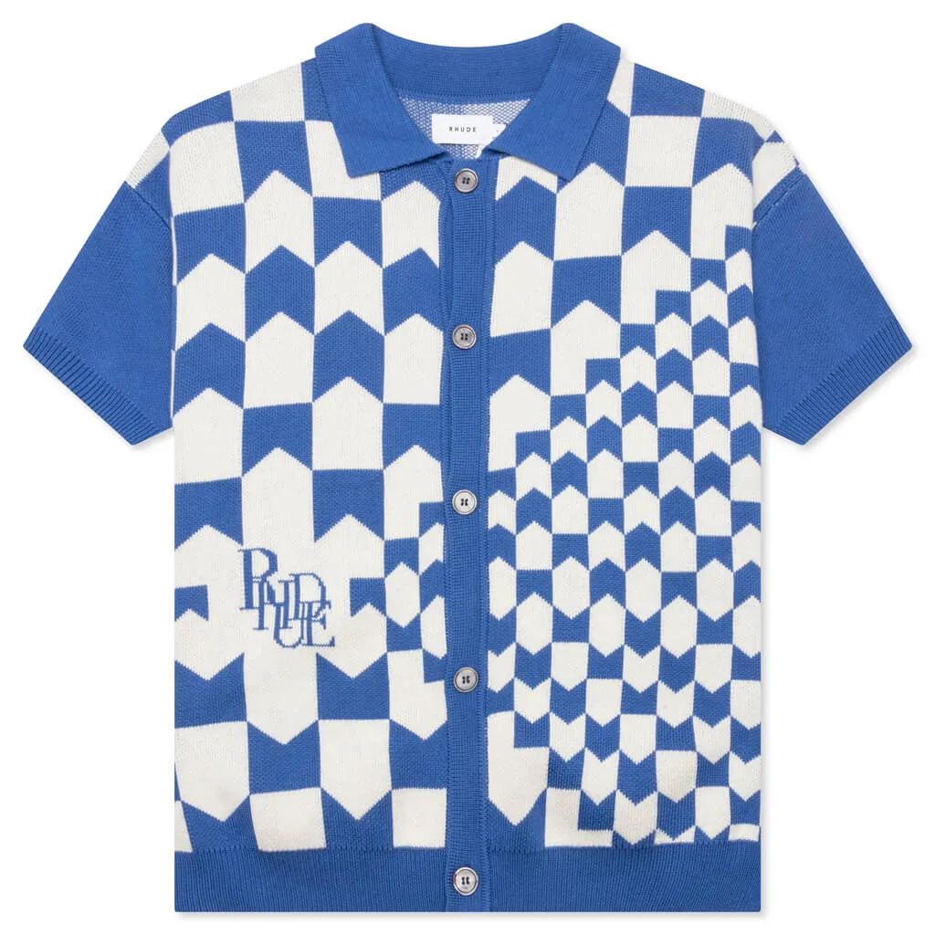 Rhacing Checkered Knit Polo - Ivory/Blue