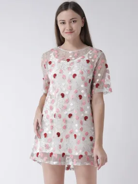 Sheer Shift Dress with Floral Embroidery