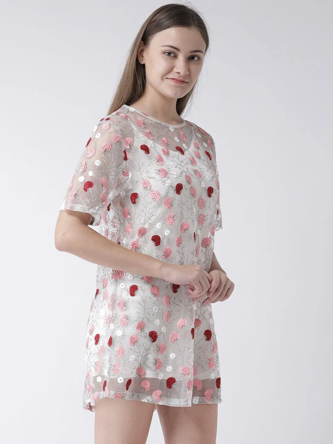 Sheer Shift Dress with Floral Embroidery