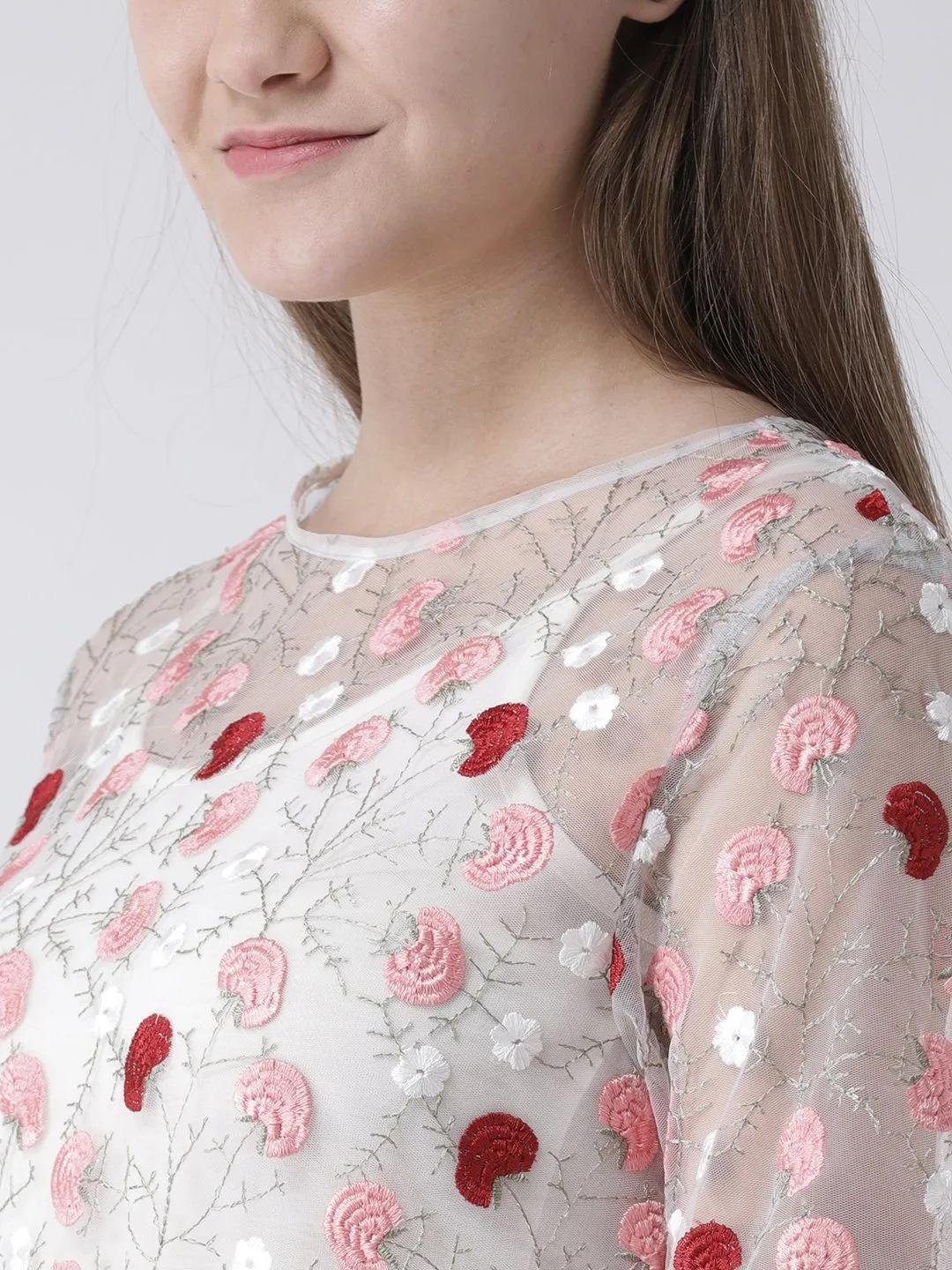 Sheer Shift Dress with Floral Embroidery