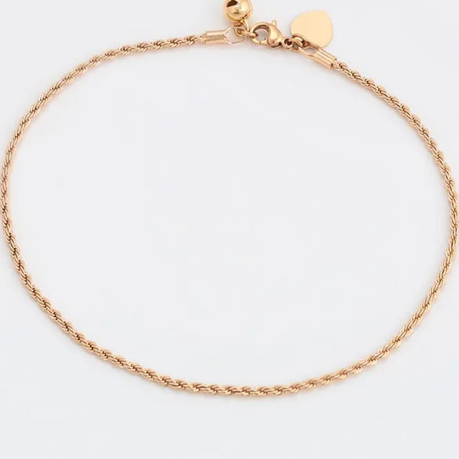 Twisted Rope 18k Gold Plated Anklet with Heart