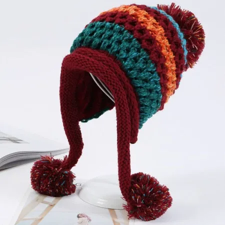 Winter Warm Knitted Patchwork Earflap Pompon Balls Beanie for Women