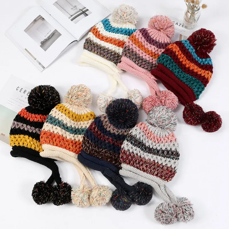 Winter Warm Knitted Patchwork Earflap Pompon Balls Beanie for Women