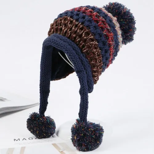 Winter Warm Knitted Patchwork Earflap Pompon Balls Beanie for Women