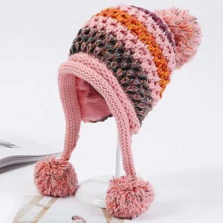 Winter Warm Knitted Patchwork Earflap Pompon Balls Beanie for Women