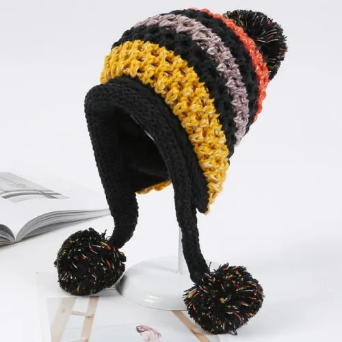 Winter Warm Knitted Patchwork Earflap Pompon Balls Beanie for Women