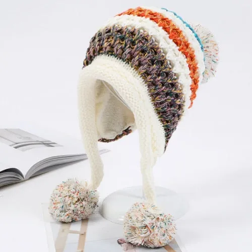 Winter Warm Knitted Patchwork Earflap Pompon Balls Beanie for Women