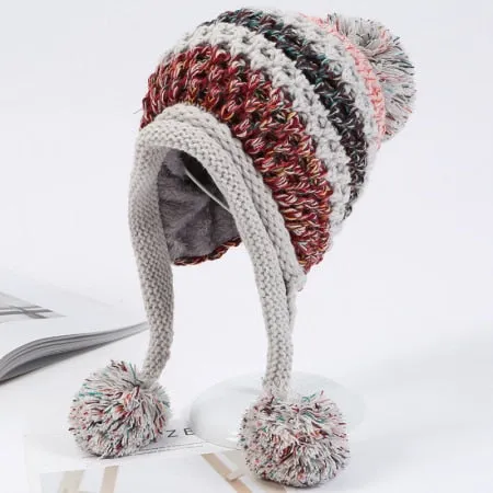 Winter Warm Knitted Patchwork Earflap Pompon Balls Beanie for Women