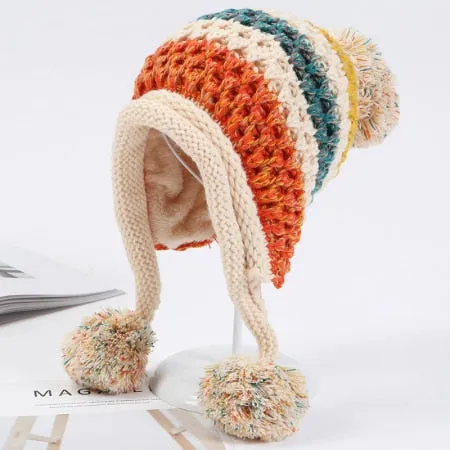 Winter Warm Knitted Patchwork Earflap Pompon Balls Beanie for Women