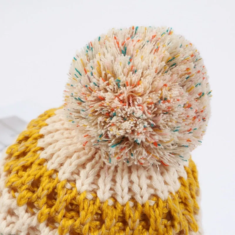 Winter Warm Knitted Patchwork Earflap Pompon Balls Beanie for Women