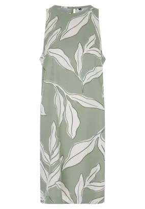 Womens Green Leaf Print Linen Blend Shift Dress