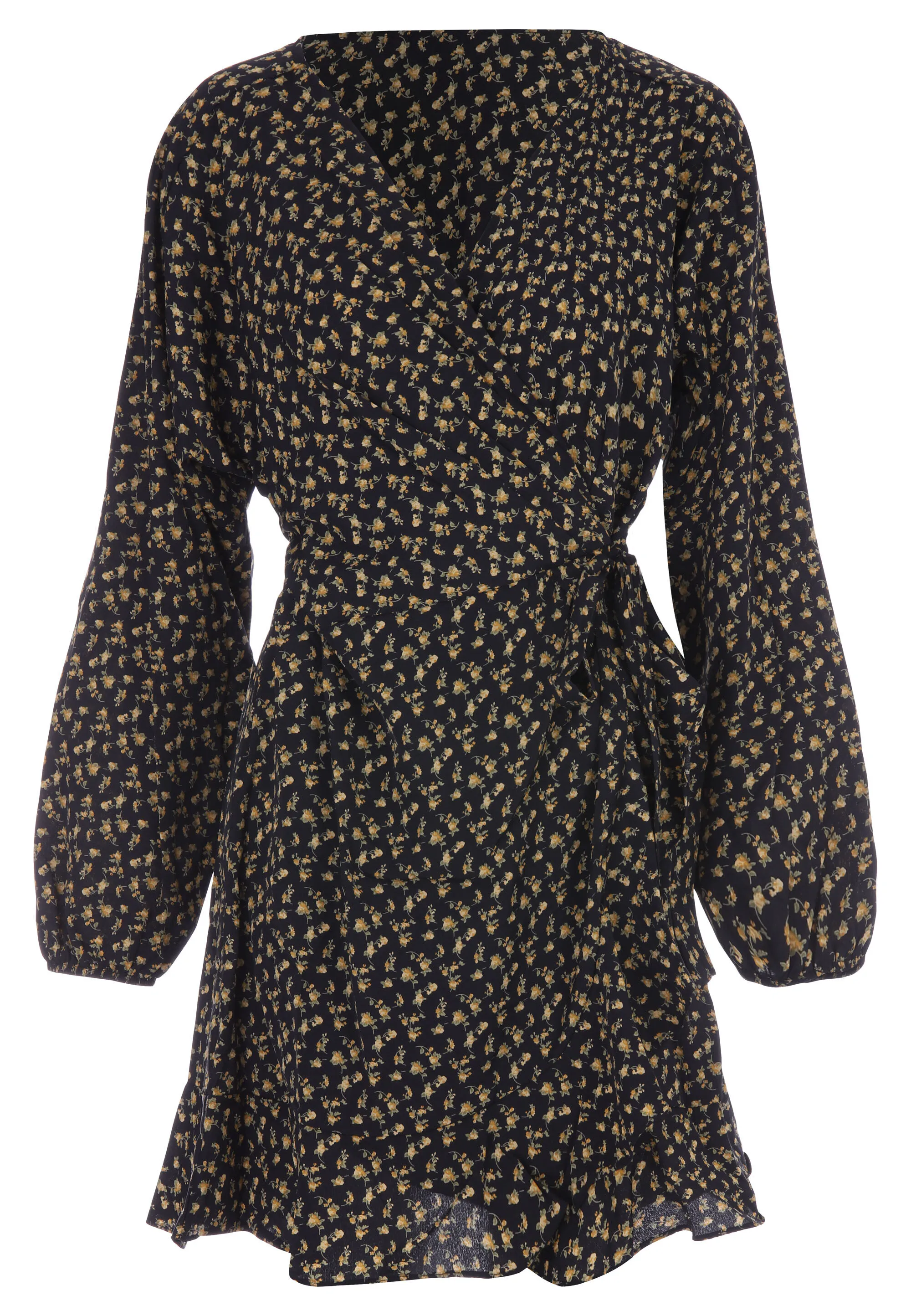 Womens Yellow & Black Floral Print Wrap Dress