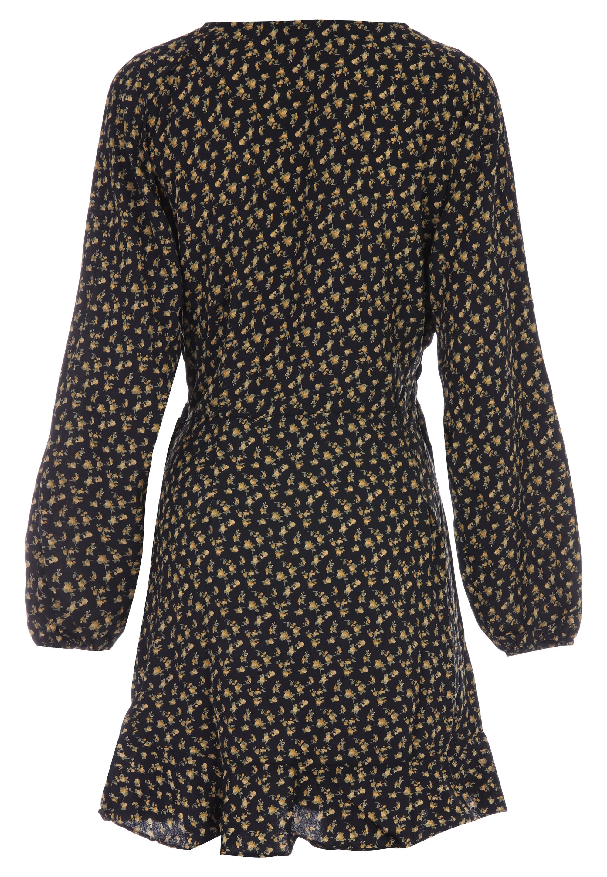 Womens Yellow & Black Floral Print Wrap Dress